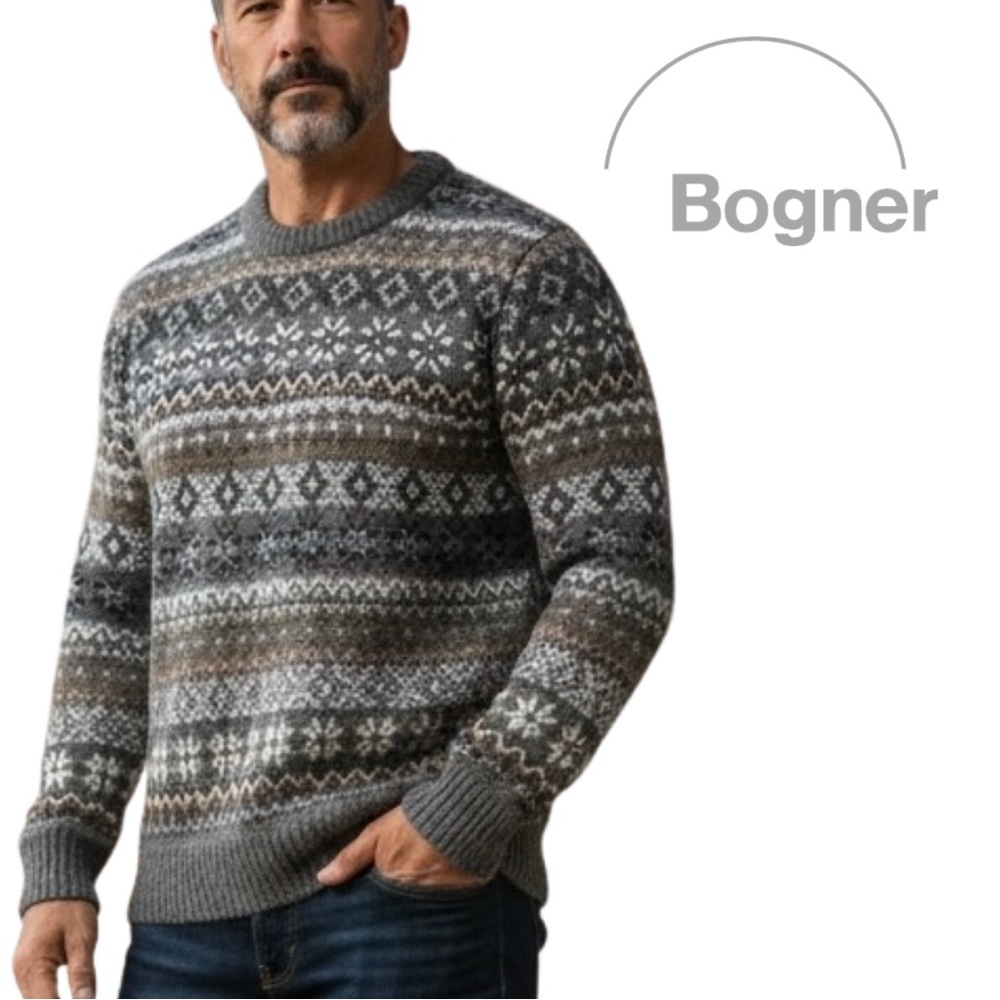BOGNER Vintage Charcoal Tan Striped Fair Isle Geometric Ski Jumper Sweater L/XL